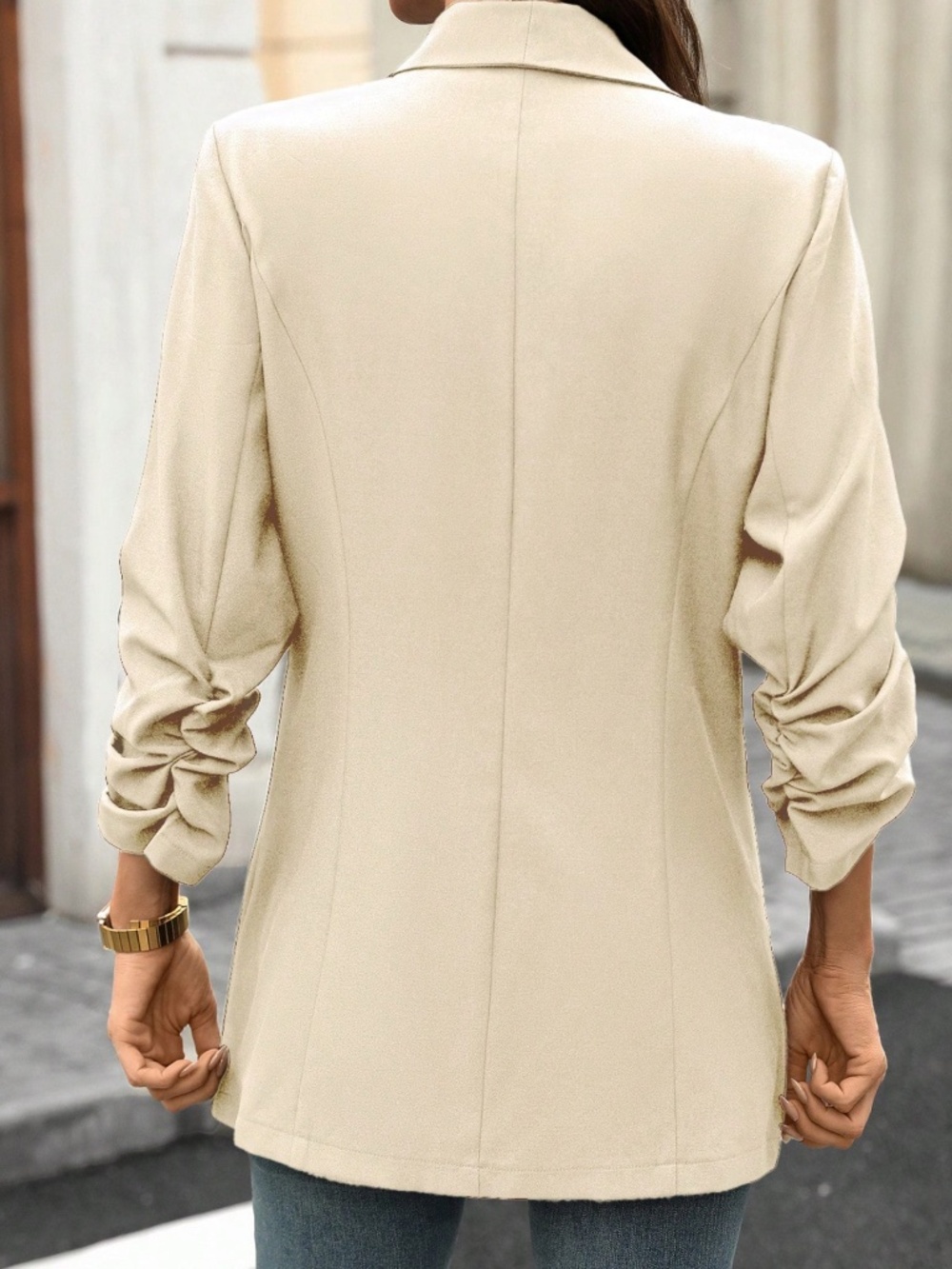 Classic Ruched 3/4 Sleeve Open Front Blazer Jacket Coat - Picture 3 of 8
